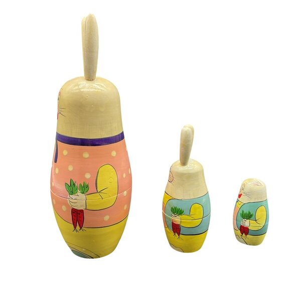 Set Of 3 Bunny Rabbit Nesting Dolls With Cute Polka Dot & Carrot Design 8"H - Picture 4 of 6